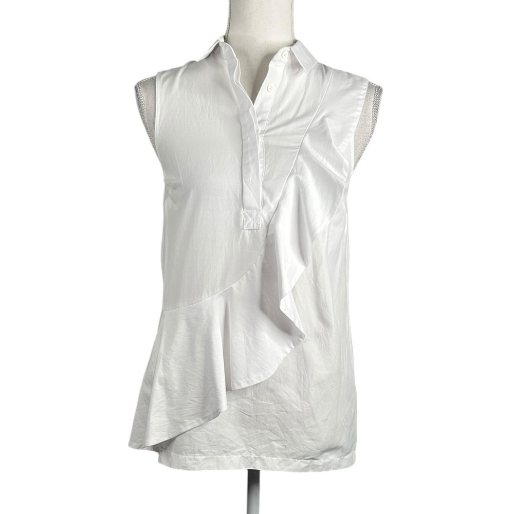Topshop‎ White Front Ruffle Button Down Casual Coastal Top Size 2 Small